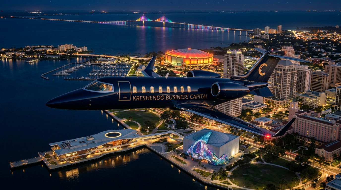 Kreshendo Business Capital private jet flying over the St. Petersburg, Florida waterfront at night with Tropicana Field lit up