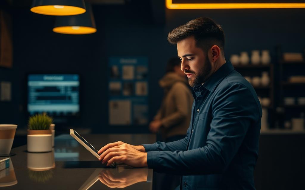Business owner reviewing payroll on a tablet at a counter