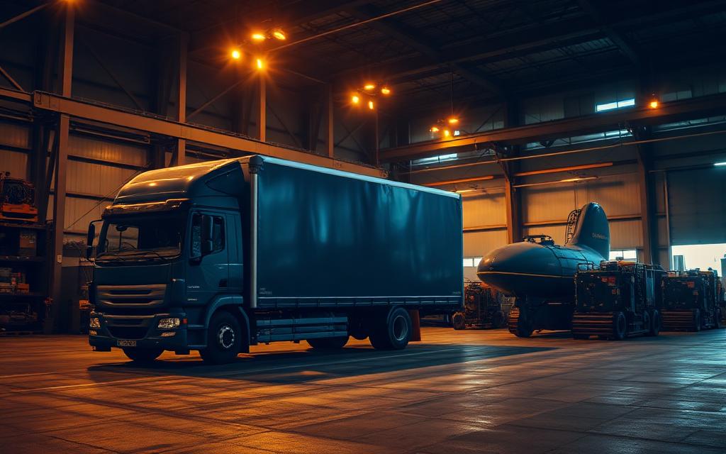 Commercial box truck and machinery inside a lit warehouse
