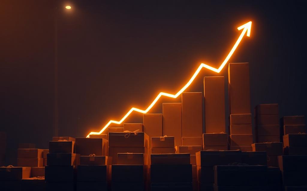 Stacked inventory boxes beneath a glowing upward growth arrow