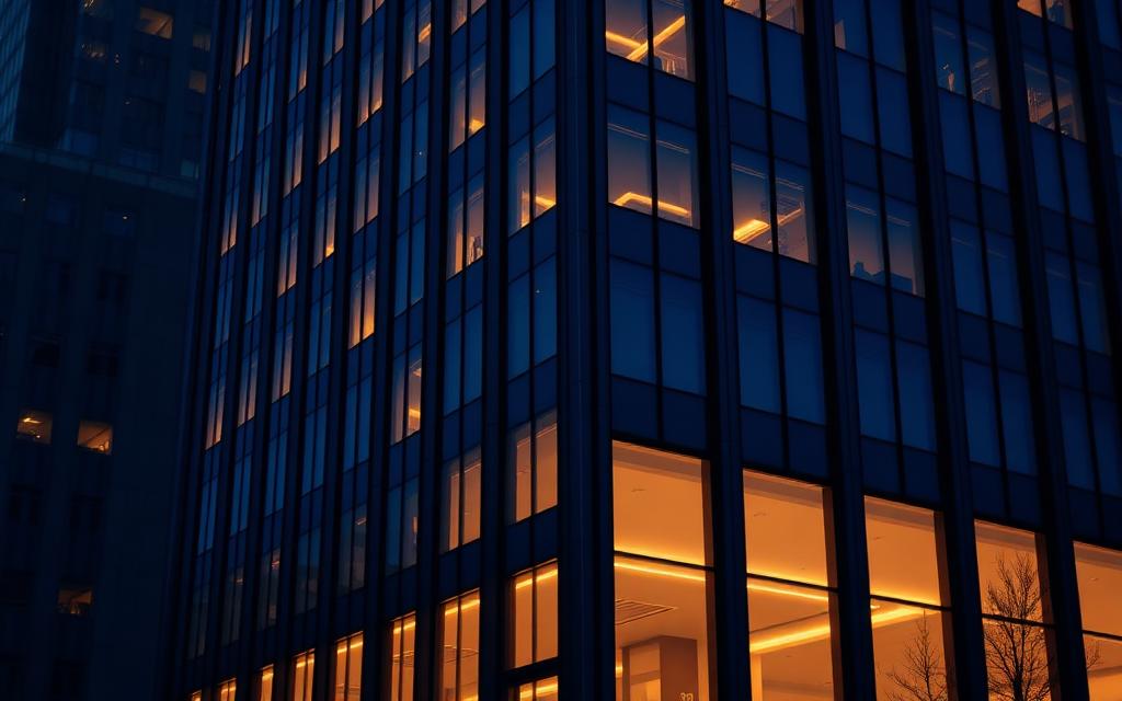 Modern commercial office building facade lit at dusk